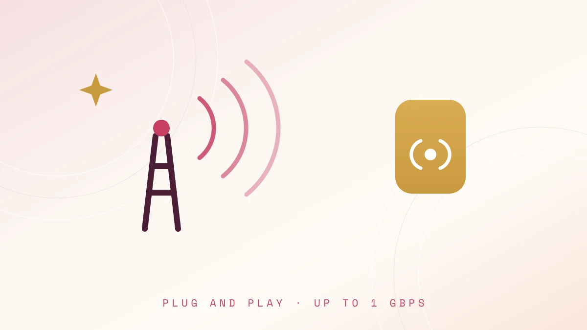No trenching, no technician — signal straight to the receiver Illustration of a cellular tower broadcasting radio waves to a wireless home receiver