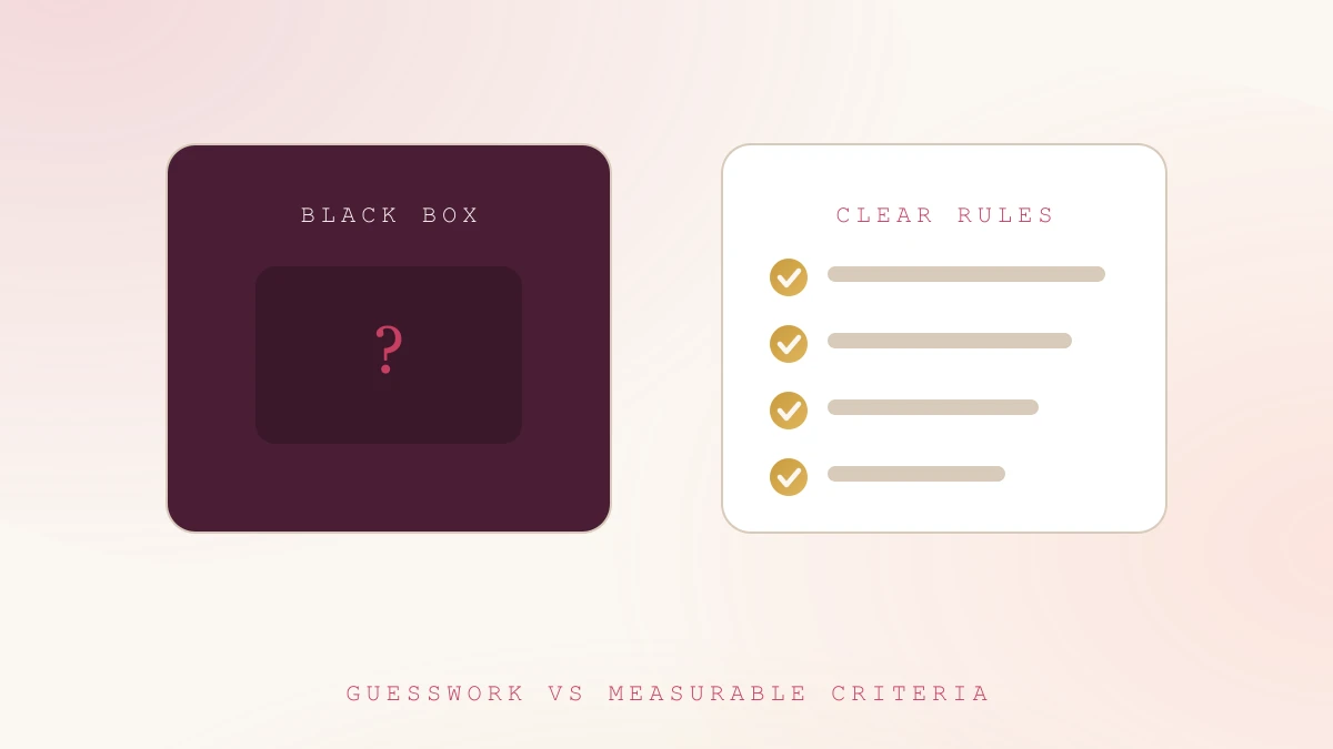 Black-box feeds versus measurable, transparent criteria Side-by-side illustration of a dark black-box panel with a question mark versus a clear checklist of ranking criteria