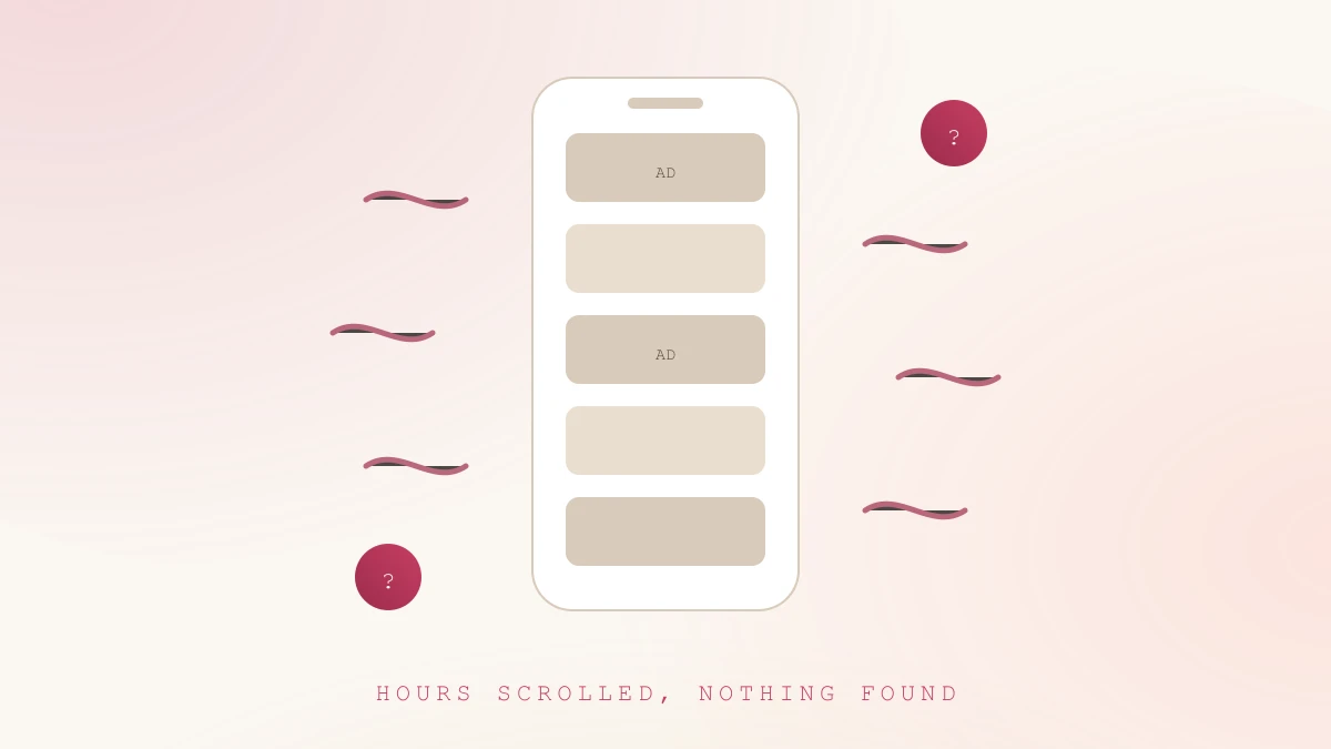 The traditional feed: ads, noise, and forgotten intentions Illustration of a phone feed stuffed with ads and noise, surrounded by confusion marks