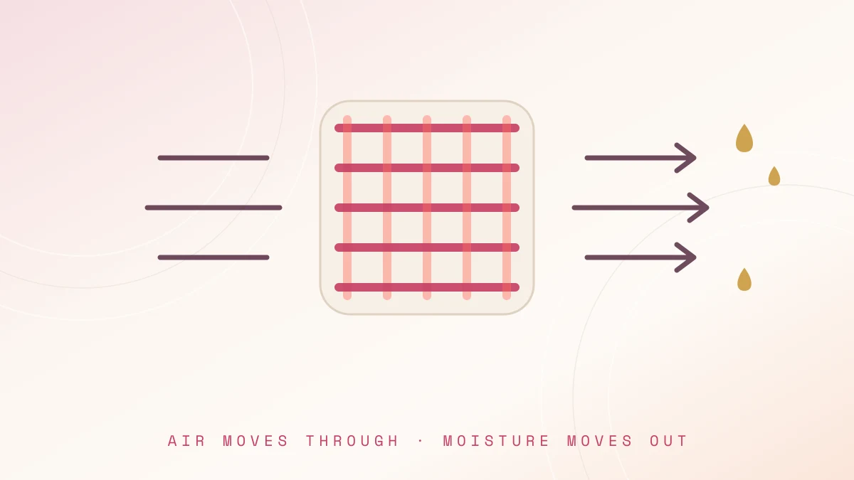Illustration of airflow passing through a woven cotton grid with moisture drops leaving the other side