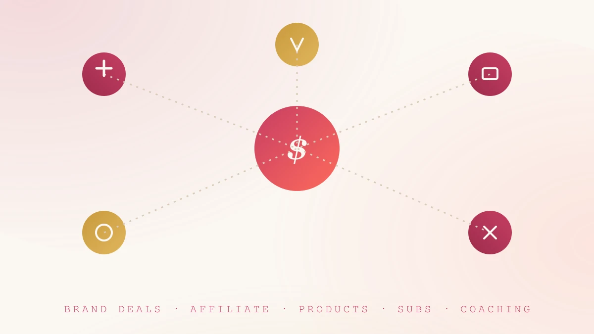 Illustration of five revenue streams — brand deals, affiliate marketing, digital products, memberships and coaching — connected around a central dollar icon