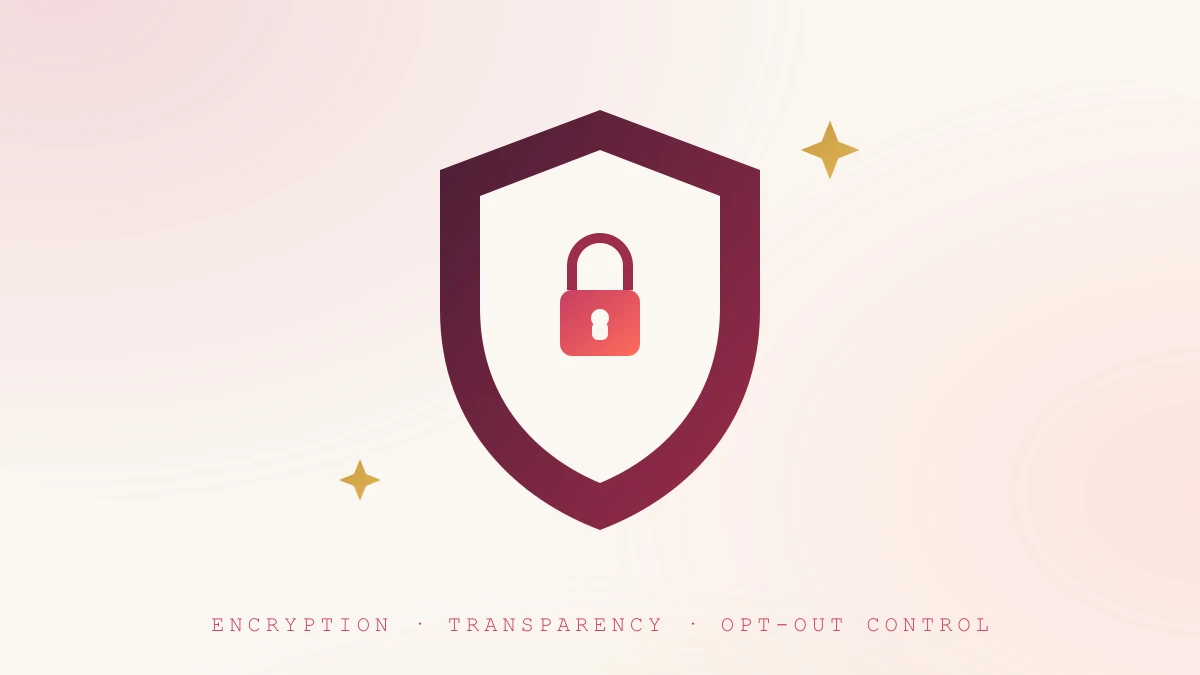 Illustration of a shield-shaped privacy badge with a padlock, representing encrypted data protection for internet chicks and their audiences
