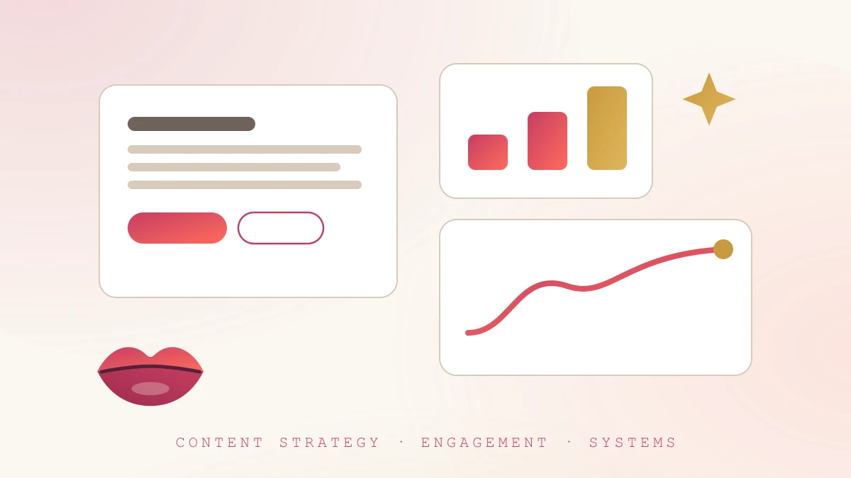 Editorial illustration of a digital creator's professional toolkit — content drafts, rising analytics bars and a growth curve