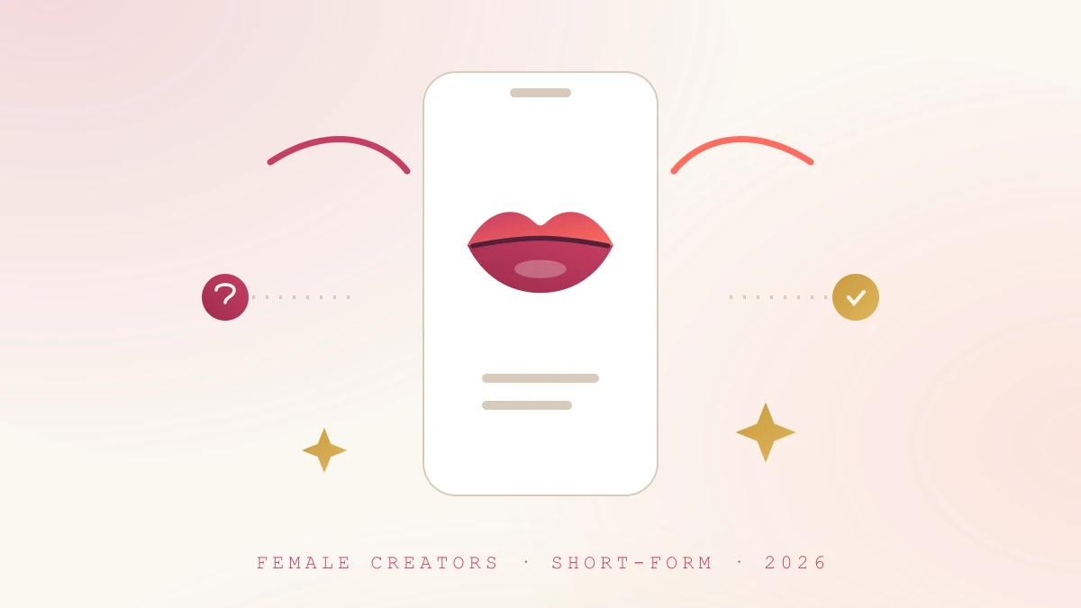 Illustration of a smartphone with the Internet Chicks lips mark, pulse curves and gold sparkles representing female creators on TikTok in 2026