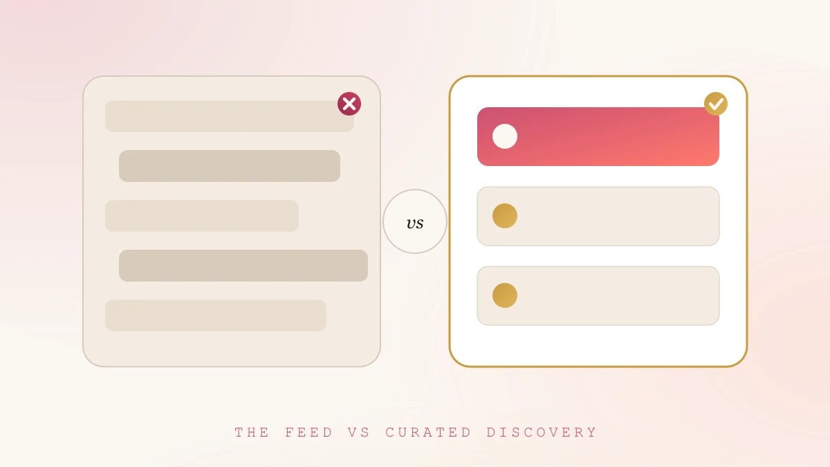Split illustration comparing a cluttered social media feed with a clean, gold-checked curated discovery panel