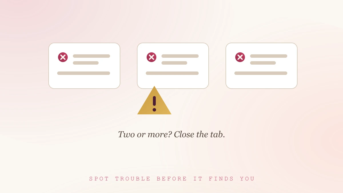 Red flags: no privacy policy, aggressive pop-ups, no attribution Illustration of three warning cards with cross marks and a caution triangle, representing red flags on unsafe platforms