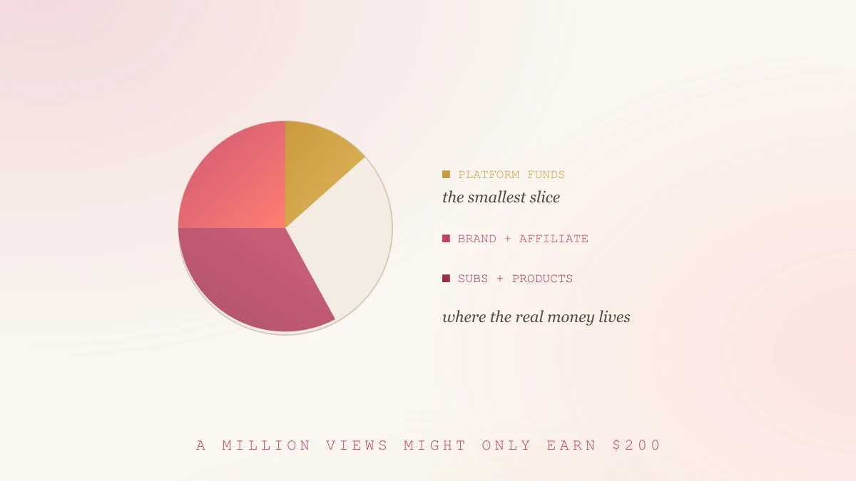 Platform funds are the smallest slice of creator income Pie chart illustration showing platform creator funds as the smallest slice, with brand deals, affiliate, subscriptions and products as the majority