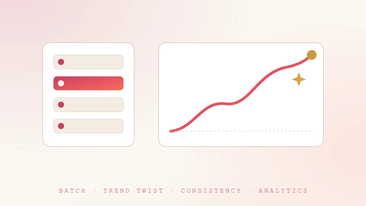 A repeatable growth system: batching, trends, consistency, analytics Illustration of a content calendar beside a rising growth curve, representing a repeatable TikTok growth system