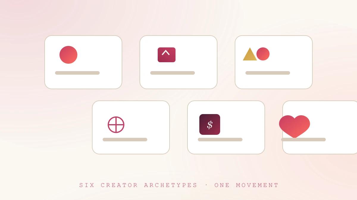 Grid illustration of six internet chicks creator archetypes — lifestyle, tech, gaming, education, entrepreneurship and fitness icons
